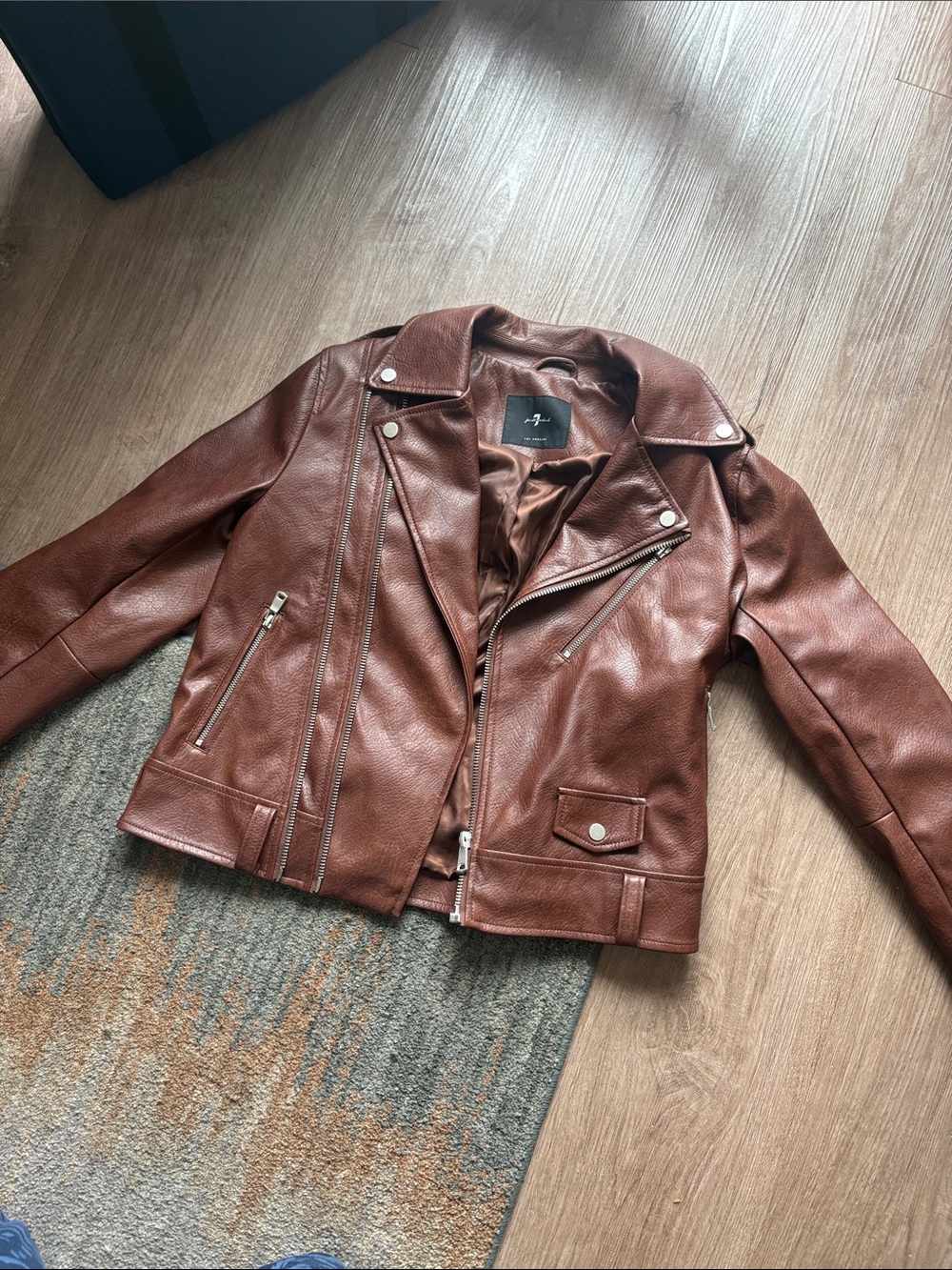 7 For All Mankind Cognac Brown Faux Leather Moto Jacket